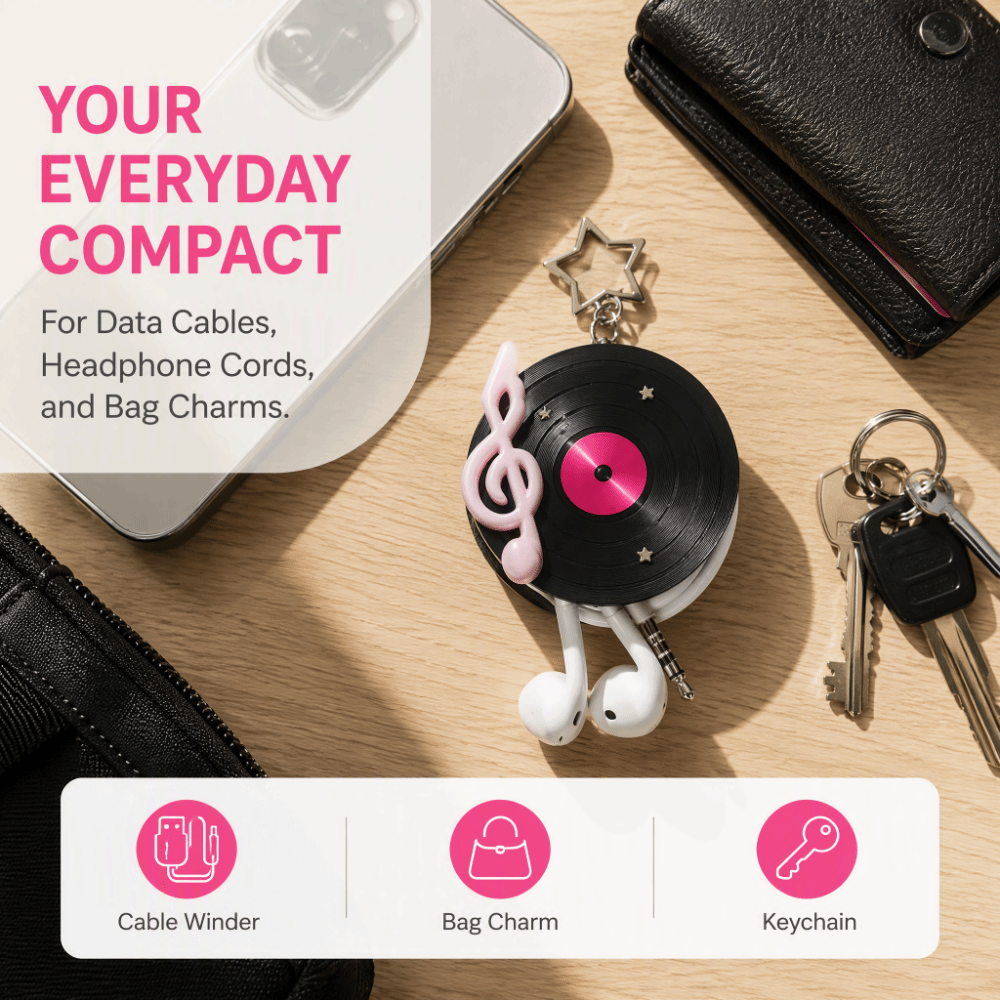 Cable Winder Keychain - Y2K Vinyl Record Keychain Korean Japan